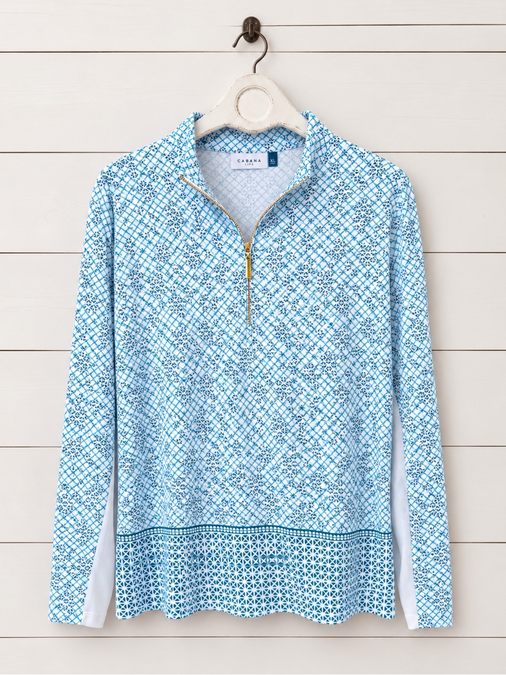 Cabana Life White and Teal Geometric Quarter-Zip Top